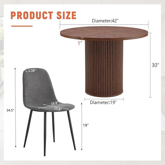 AZmac Round Dining Table Set for 4, Wooden Round Table 5-Piece with Modern Farmhouse Dining Table and 4 Fabric Chairs for Kitchen Dining Room, Walnut Table + 4 Gray Chairs