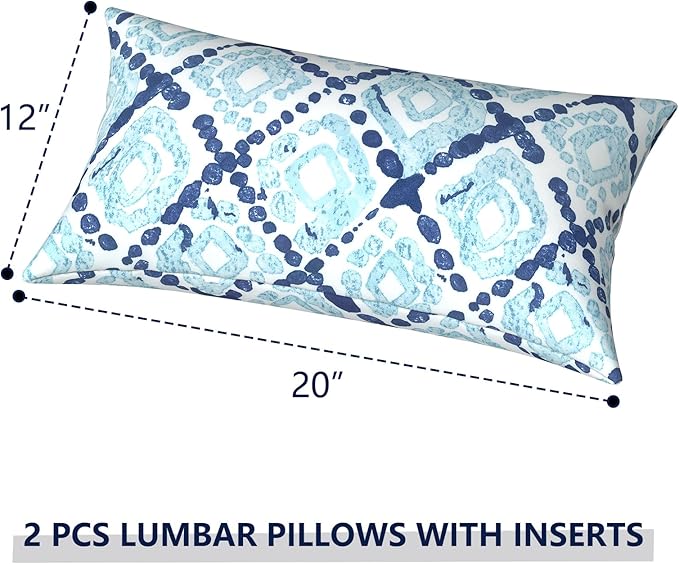 Outdoor Lumbar Pillows 12x20 inch, Rectangle Throw Pillows with Inserts, Decorative Lumbar Cushions for Patio Furniture Garden Couch Home Sofa Office Chair, Pack of 2, Boho Geometry Blue