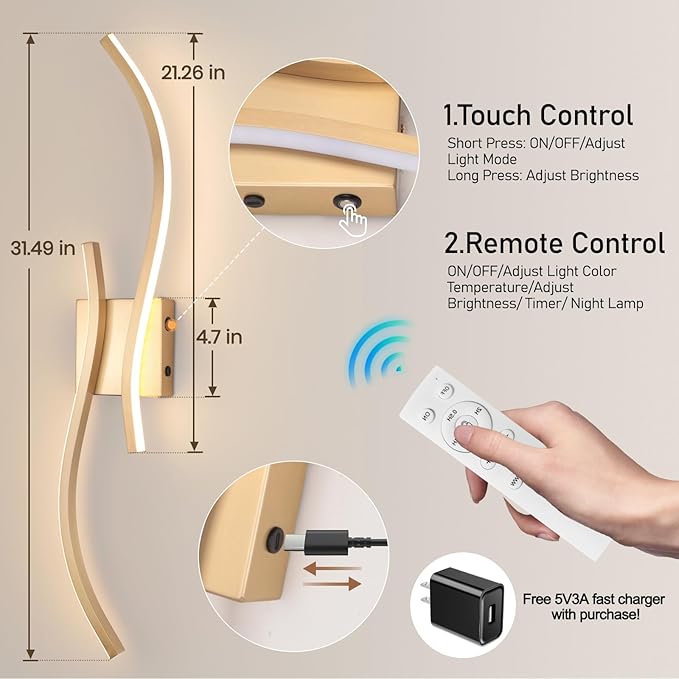 Battery Operated Wall Sconces with Remote Control, Rechargeable Dimmable Touch Wall Sconces Set of Two, 3000K-6500K LED Wireless Wall Light for Living Room Bedroom Hallway,31.5inch(Gold)