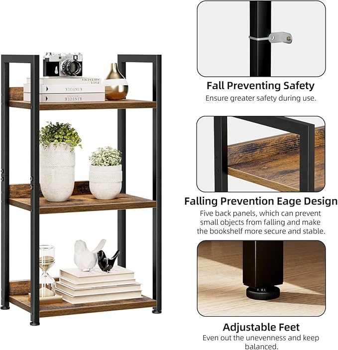 NUMENN Narrow Bookshelf, 3 Tier Bookshelves, Home Office Bookcase Shelf Storage Organizer, Free Standing Storage Shelving Unit for Bedroom, Living Room and Home Office, Vintage