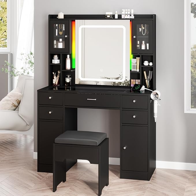 Black Vanity Desk with LED Mirror,Makeup Vanity with Charging Station & RGB Lights,5 Drawers 4 Shelves Makeup Desk Vanity Table Stool Set with Glass Table Top & Time Display Lights