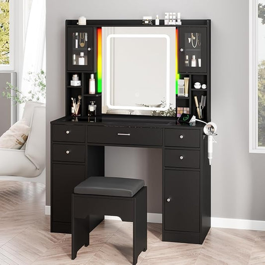 Black Vanity Desk with LED Mirror,Makeup Vanity with Charging Station & RGB Lights,5 Drawers 4 Shelves Makeup Desk Vanity Table Stool Set with Glass Table Top & Time Display Lights