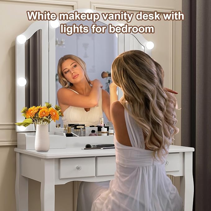 Vanity Desk with Mirror and Lights, Kids Vanity with Lights,5 Drawers and Cabinets White Vanity with Lighted Mirror Vanity Desk and Chair for Bedroom