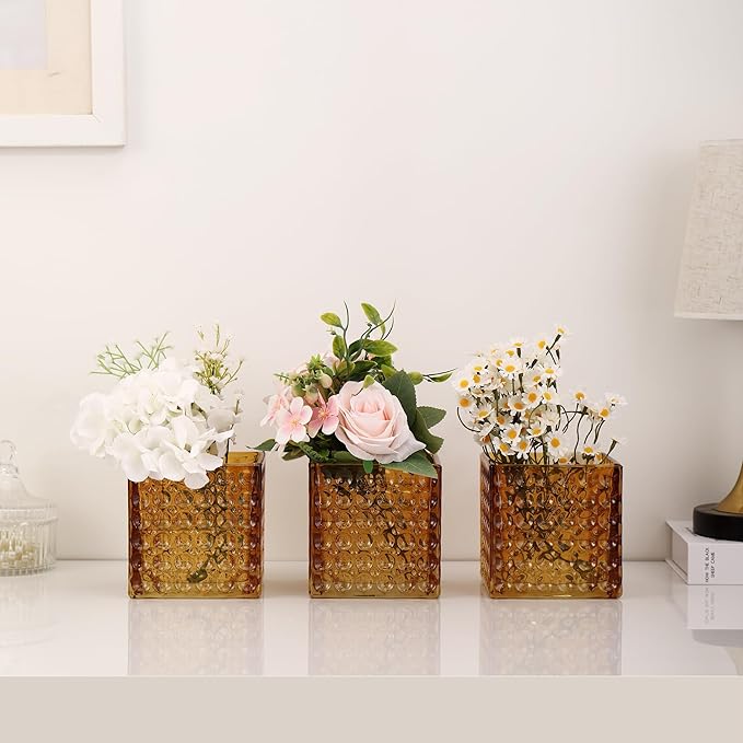 MARTAGE Square Vases Set of 6, 4" x 4" x 4" Square Glass Vases for Flowers, Amber Flower Vase for Centerpieces, Small Bubble Vase for Wedding, Party, Home, Office, Parties, Events