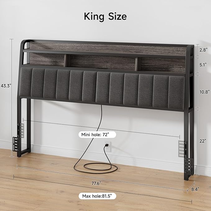 Ergonomic Headboard for King Size Bed with 2-Tier Storage, Upholstered Headboards with Outlets, USB Ports, LED Light, King Head Board Only, Height Adjustable, Sturdy and Stable, Black & Grey