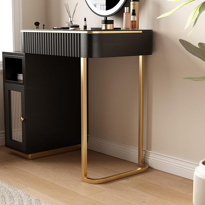 Lartis Makeup Vanity, Makeup Vanity with LED Makeup Mirror, Three Adjustable Light Levels, Tempered Teal Glass countertop