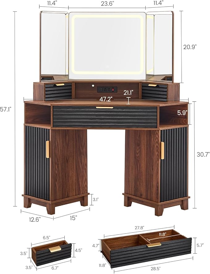 AOGLLATI Large Fluted Corner Vanity Desk with HD Triple Mirror and Lights, Makeup Vanity Desk with 3 Drawers & 3 Cabinets, Modern Dressing Table with Charging Station for Bedroom, Black