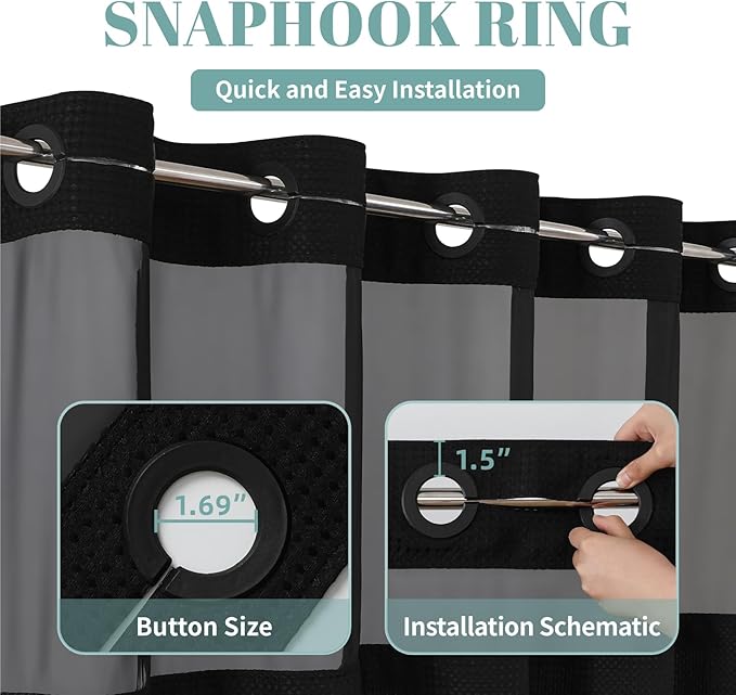 Black Extra Long No Hook Waffle Weave Shower Curtain with snap-in Liner Replacement, 230GSM Waterproof Fabric Hotel Shower Curtain Set for Bathroom, Through Mesh Top Window,71Wx86H