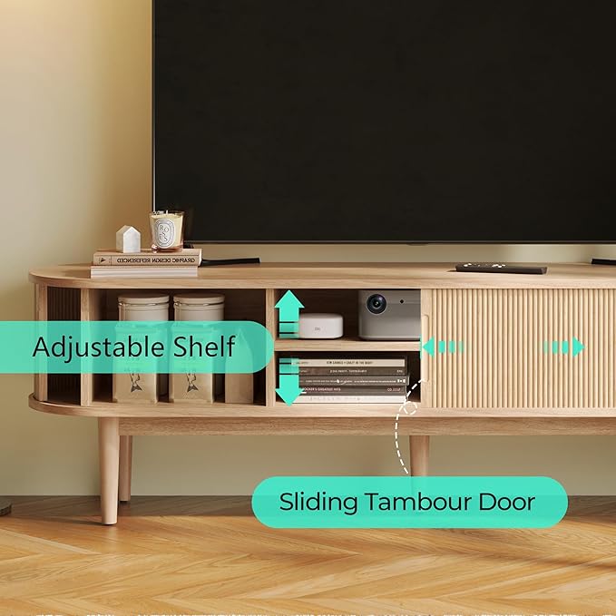 LINSY 58" Fluted TV Stand, Modern Entertainment Center for TVs Up to 65 inches, TV Console with Sliding Doors, Curved Profile Design, Media Console for Living Room, Light Wood