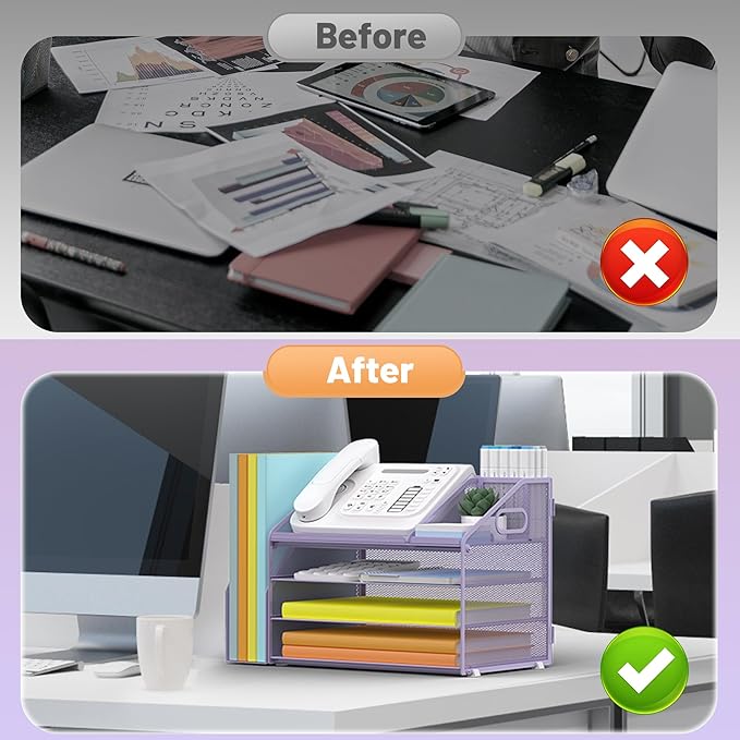 DocNest 4 Tier Paper Letter Tray File Organizer, Mesh Desk File with Handle, Workspace Desk Organizers with Pen Holder, Office Organization Storage Accessories - Purple