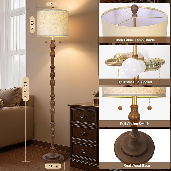 65.5" Natural Real Wood Floor Lamp with S Cluster Pull Chains Dual Switch,Wood Base Standing Lamp,Rustic Tall Lamp with Linen Shade,Farmhouse Floor Lamp for Living Room,Bedroom,Office(Bulb Included)