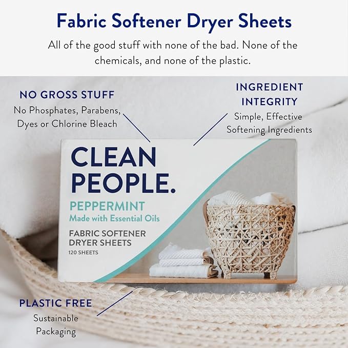 The Clean People Fabric Softener Sheets - Dryer Sheets - Softens & Removes Static - Vegan Laundry Softener With Essential Oils - Peppermint 360 Pack