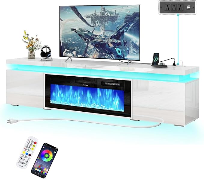 Fireplace TV Stand for 80" TV, 71" LED TV Stand with 40" Electric Fireplace & Power Outlet, High Gloss Surface, 2 Storage Cabinet, Modern Style (71 Inch, White