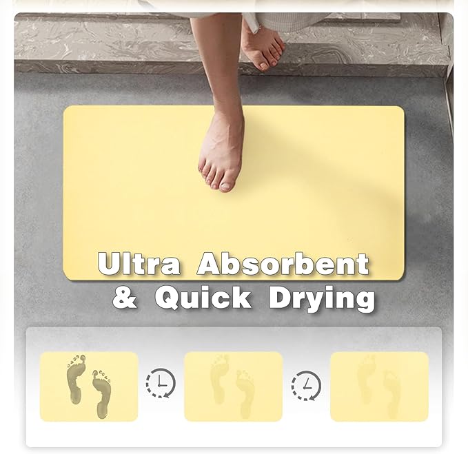 Bathroom Mat Quick Dry, Bathroom Rugs Non Slip Washable Thin Absorbent Bath Mat Fits Under Door Bathroom Floor Mat Perfect for Bath, Shower, or Sink 20"x30" Light Yellow