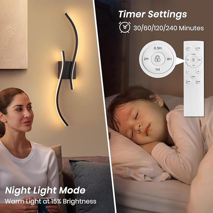 Battery Operated Wall Sconces Set of 2，Rechargeable Dimmable Battery Operated Wall Sconce with Remote Control，3000K-6500K LED Black Wireless Wall Light for Living Room Bedroom Hallway，31.5inch (Black)