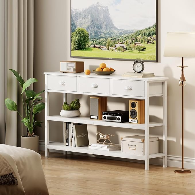 Furologee White Long 47" Console Sofa Table with 3 Drawers, Entryway Table with 3-Tier Storage Shelves, Display Shelf for Entry Way, Hallway, Couch, Living Room, Kitchen, Foyer