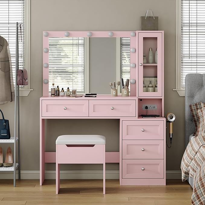 43" W Vanity Desk with Mirror & 11 Lights,Modern Makeup Desk with 5 Drawers & Cushioned Stool,3 Lighting Modes Brightness Adjustable,Power Outlet,Bedroom Dressing Table, Pink