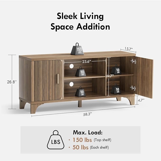 Tall Mid Century Modern TV Stands for 55/60/65 Inch TV Boho Media Console for Living Room Fluted TV Entertainment Center with Storage Wood Television Cabinet for Bedroom