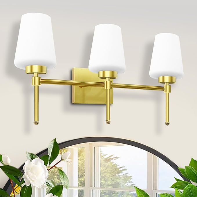 Bathroom Vanity Light Fixtures Brushed Brass Over Mirror with Milk Glass Shade Wall Sconce Lighting Lamp Bath 3-Lights (Exclude E26 Bulb)