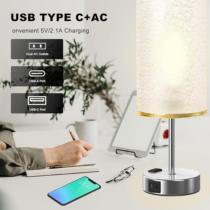 Table Lamp for Bedroom with Touch Control,Bedside Lamp with USB C+A Charging Ports& AC Outlets, Adjustable 3color LED Light for Home Decor/Nightstand/Bedroom/Office,Included Bulb and Fabric Lamp Shade