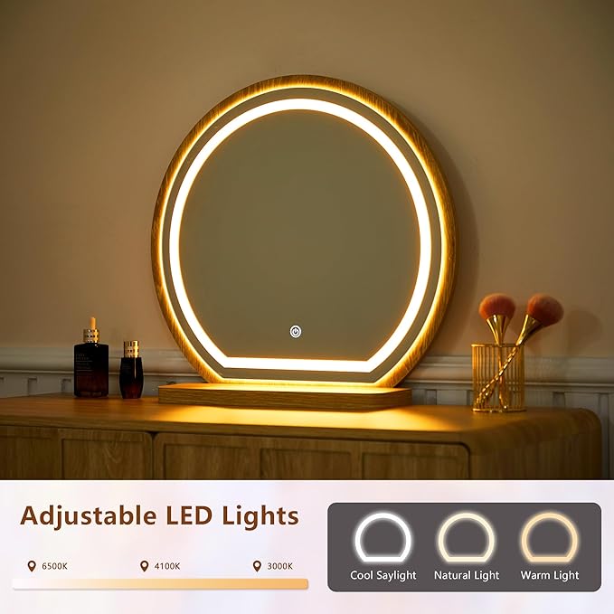 ORRD Vanity Desk with Mirror and Lights, Modern Wood Wave Panel Vanity Desk Set Makeup Table with Drawers and Cabinet, Dressing Table with Storage for Bedroom, Natural