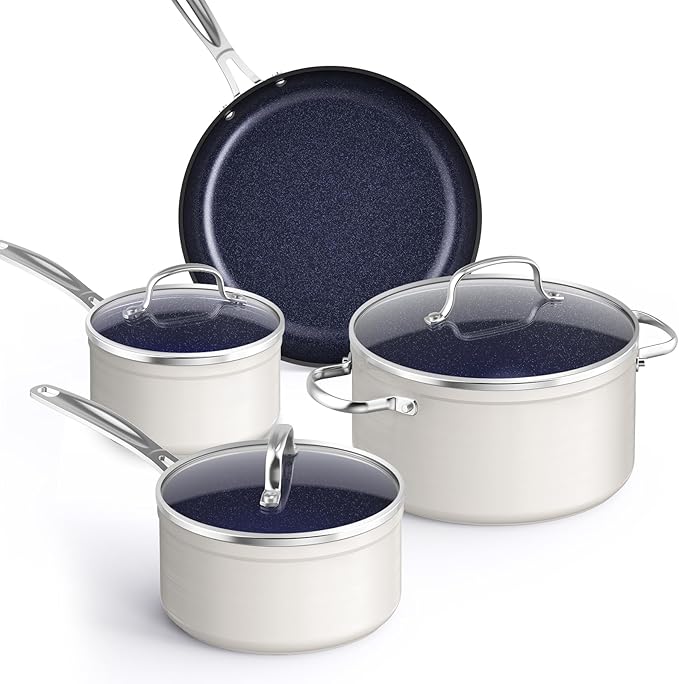 Nuwave Healthy Duralon Blue Ceramic Nonstick Coated 7pc Cookware Set, Scratch-Resistant Diamond Infused, PFAS Free, Induction Ready & Evenly Heats, Oven Safe, Tempered Glass Lids