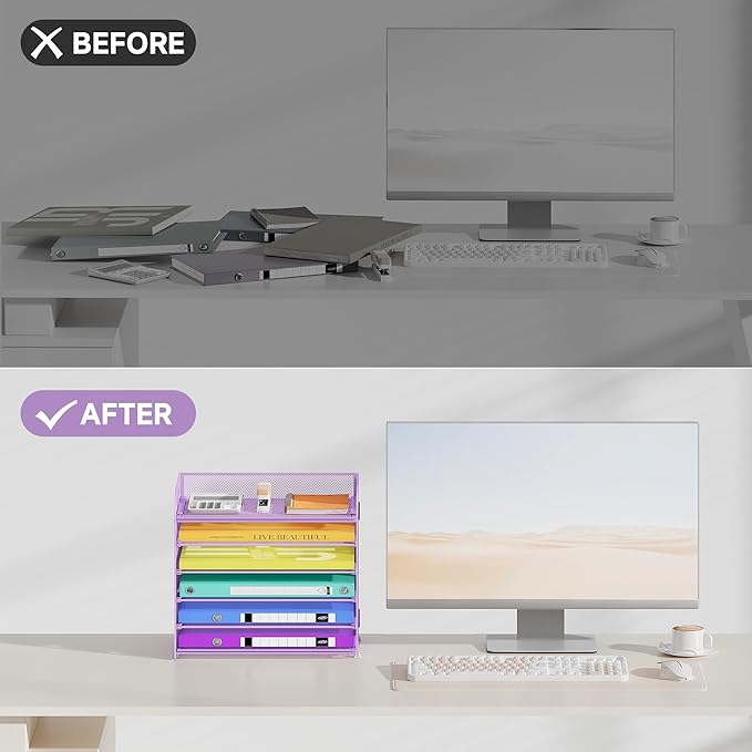 6 Tier Paper Organizer with Handle, Metal Desk Organizer Mesh Paper Letter Tray Desktop File Folder Document Sorter for Classroom, School, Office Accessories Organization and Storage - Purple