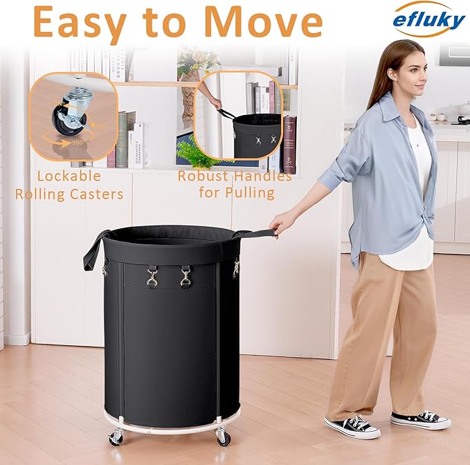 efluky 150L Laundry Basket with Wheels, Large Rolling Laundry Hampers with Handles for Bathroom, Bedroom & Laundry Room, Black