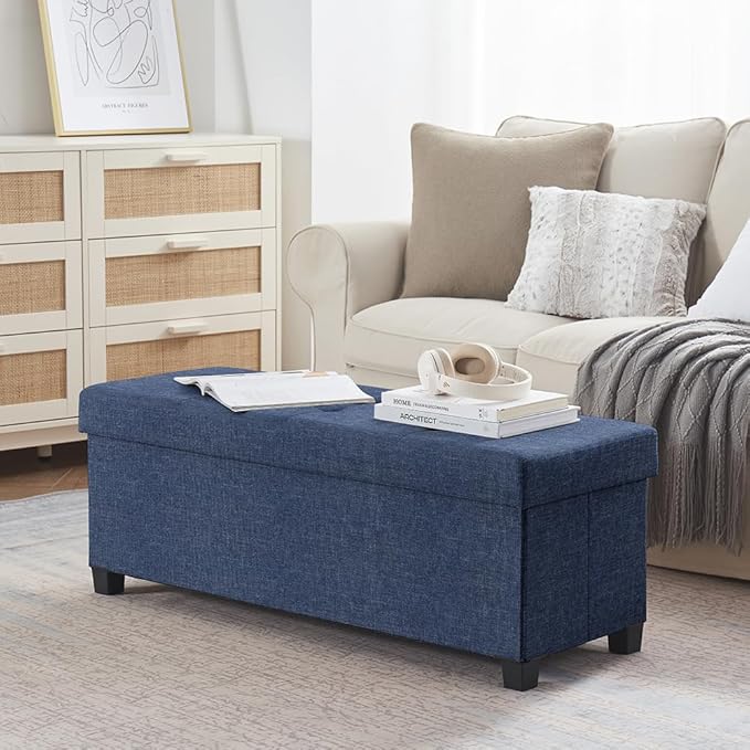 Ornavo Home 43 Inch Storage Ottoman, Large Storage Bench, Ottoman with Storage with Legs, Foot Rest Stool, Bedroom Bench - Navy Blue
