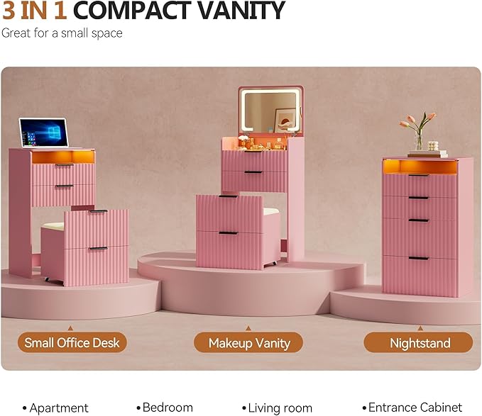 LED Fluted Compact Vanity Desk with Flip Top Mirror, 3 in 1 Small Makeup Table with Glass Desktop, Storage Compartment and Cushioned Stool with Wheels,3 Drawers, for Girl Bedroom Pink