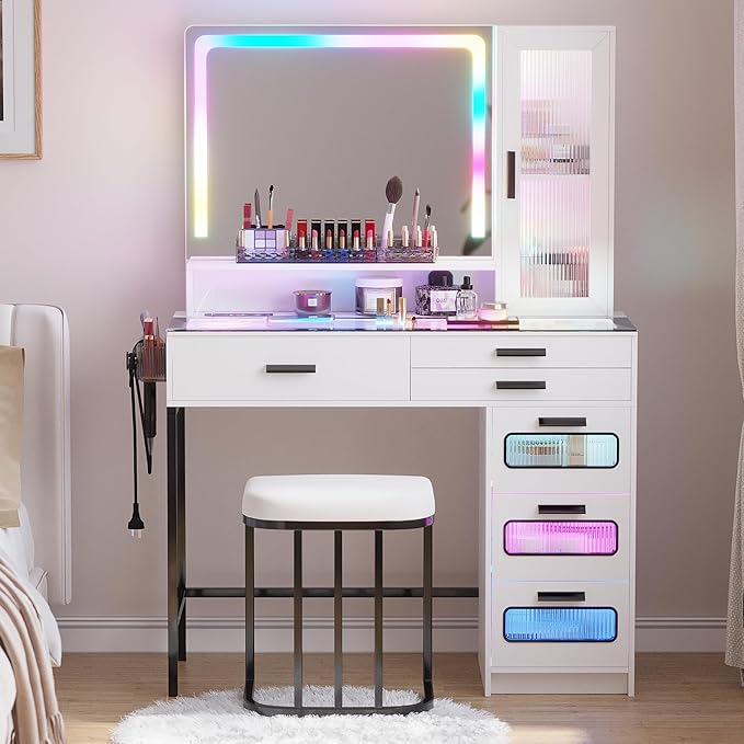 HENBC Vanity with Mirror and LED Lights, Glass Top Vanity Desk with Charging Station(Wireless+USB+Type-C), RGB Makeup Table Set with Stool/Makeup Organizer/6 Drawers for Bedroom,White