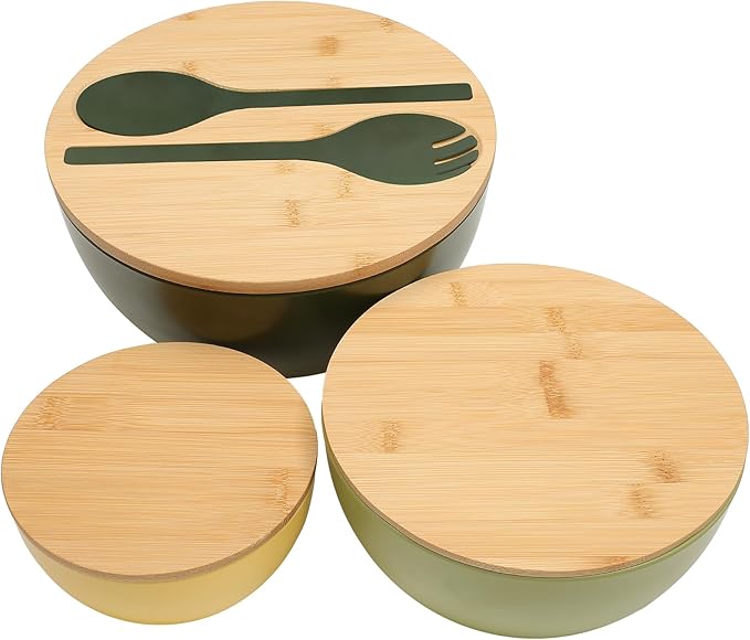 Salad Bowls Set of 3 with Lid & Serving Utensils, Colorful Serving Bowls, Bamboo Fiber Salad Bowls with Bamboo Lid, Kitchen Bowls for Salad, Kitchen Eating, Pasta, Popcorn, Fruit (3 Colors)