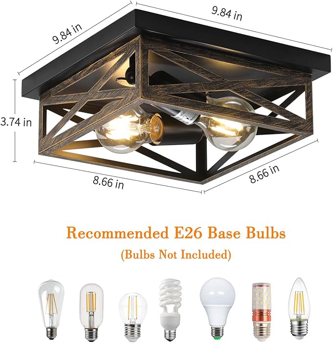 Rustic Flush Mount Ceiling Light Fixture, Modern Farmhouse Light Fixture, Kitchen Hallway Light Fixtures for Bedroom,Dining Room Entryway,Industrial Metal Cage Ceiling Light