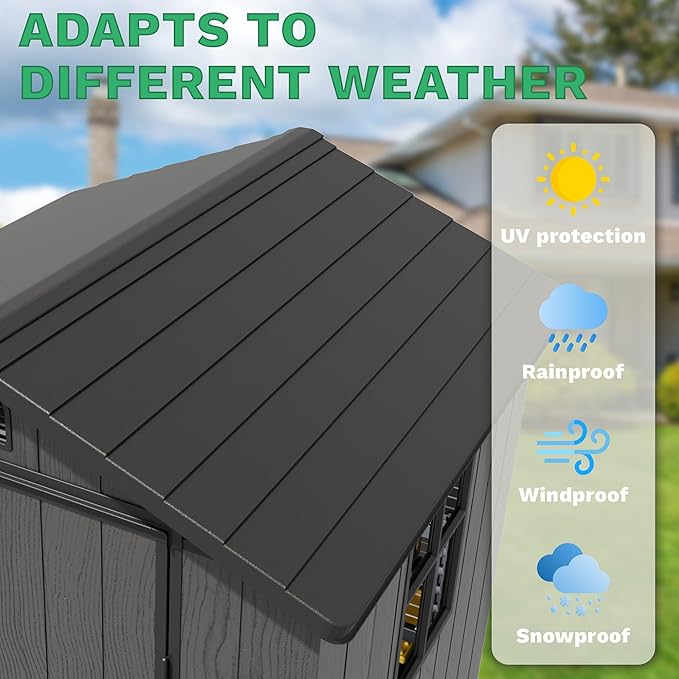 Greesum 4×4FT Plastic Outdoor Storage Shed with Floor, Resin Storaged Sheds with Lockable Door, Window & Vent, All-Weather Tool Sheds for Garden, Backyard, Patio, Dark Gray (One-Piece Panel)