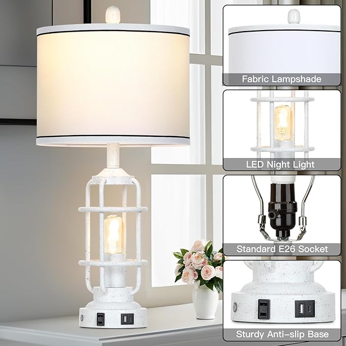 Farmhouse Industrial Lamps with USB A+C Charging Ports & AC Outlet, 3 Way Dimmable Touch Control Vintage Rustic Table lamps for Living Room, White Retro Beside Nightstand Metal Modern Lamp for Bedroom