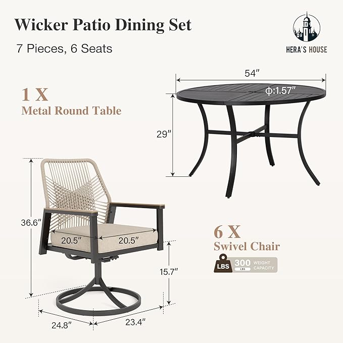 HERA'S HOUSE Patio Table and Chairs Set, Outdoor Dining Set for 7, 6 x Cushioned Woven Rattan Patio Swivel Chairs and 1 x 54” Round Table with Umbrella Hole, Outdoor Rattan Dining Set for Lawn