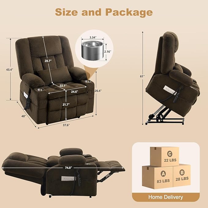 Large Dual Motor Power Lift Recliner Chair with Massage and Heat for Big Elderly People,USB & Type C Ports,Oversized Electric Lay Flat Recliners,Infinite Position,Side Pockets,Cup Holders(Brown)