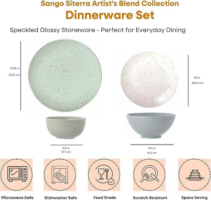 Sango Siterra Artist's Blend 16-Piece Stoneware Dinnerware Set – Service for 4, Mixed Glossy Finish with Unique Speckled Design, for Everyday Dining & Entertainment, Dishwasher & Microwave Safe