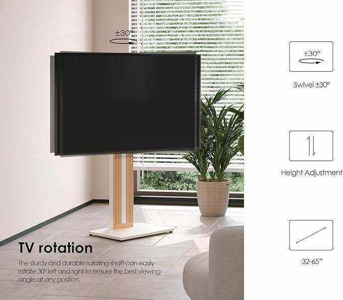 FITUEYES Design Wood TV Stand Swivel Mount with Hidden Back Storage for 32-65 inch TV Screens, Scandinavian Style Tall Floor TV Stand for Home Decor with Reinforced Base, Zen Series, White