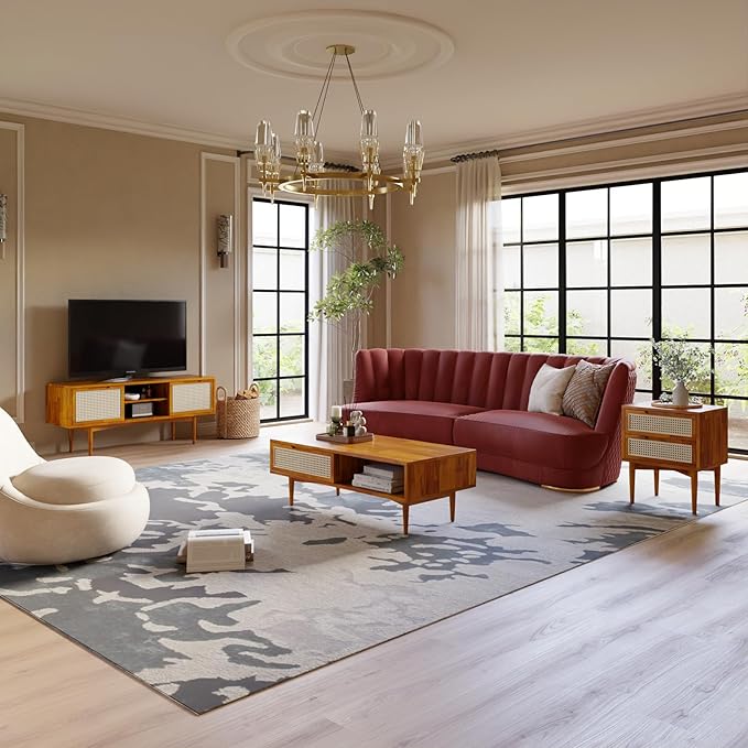 Bme Oliver Coffee Table, Mid Century Modern Coffee Table, Side Table with Storage, 2 Drawers & Open Compartments, Solid Wood Legs with Adjustable Levelers, Rattan Accent for Living Room, Caramel