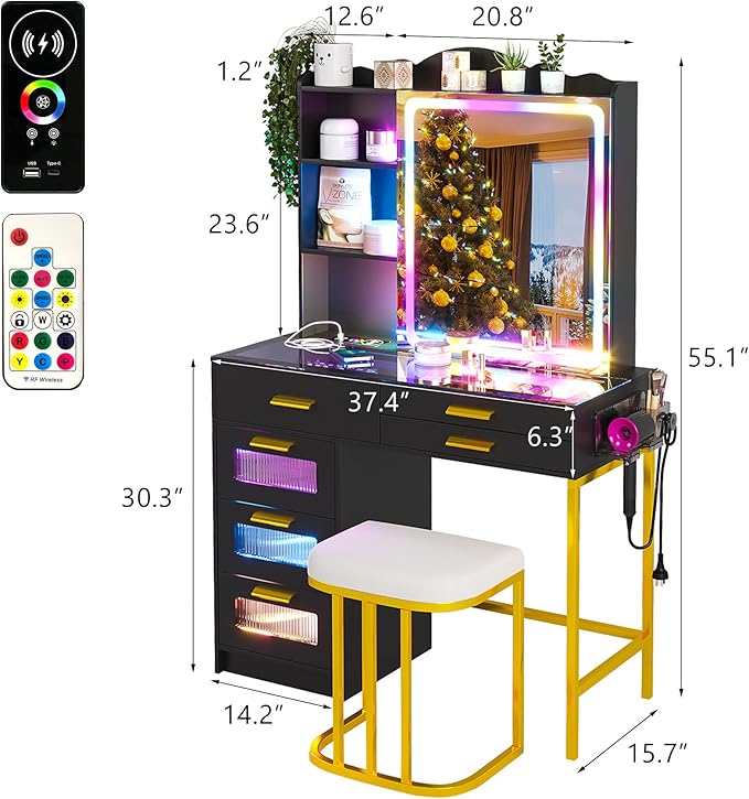 HENBC Vanity Desk with Sliding Mirror and Glass Desktop, LED Vanitys Mirror with RGB Lights Desk and Chair, Dressers Table Set with Charging Station/Makeup Organizer/6 Drawers for Bedroom(Black)