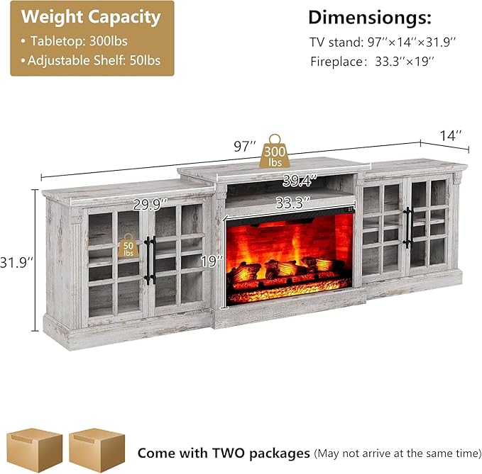 97" Farmhouse TV Stand with 33" Fireplace for TVs up to 100", Media Entertainment Center with Large Storage Cabinet and Adjustable Shelves for Living Room, Light Grey