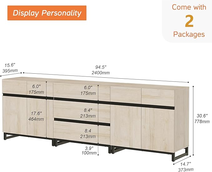 WAMPAT Modern TV Stand for TVs up to 100 inch, 3 in 1 TV Console with Adjustable Shelves and 3 Drawers, Media Console for Living Room, Bedroom, Light Oak