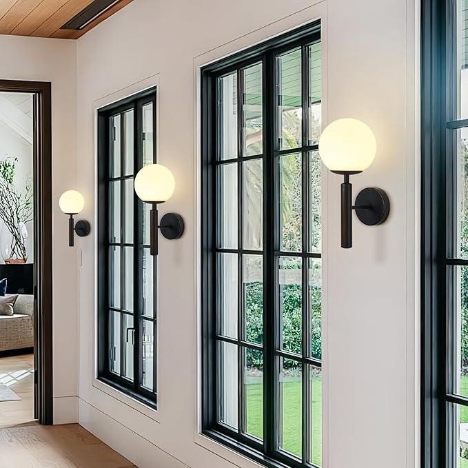 KCO Lighting Black Modern Glass Globe Wall Sconce Mid Century Wall Mounted Set of 2 Vanity Light for Bedroom Living Room Aisle(Black 2 Pack)