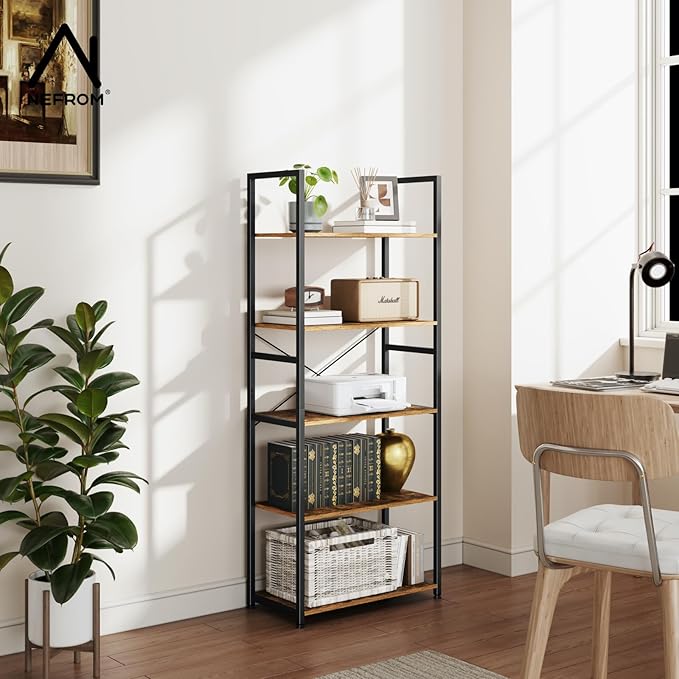 Book Shelf, Adjustable 5-Tier Tall Bookshelf, Wooden Bookcase Shelves for Bedroom, Living Room, Display Shelf for Home, Office, Kitchen, Standing Shelving Unit Storage Organizer BC-BR-5