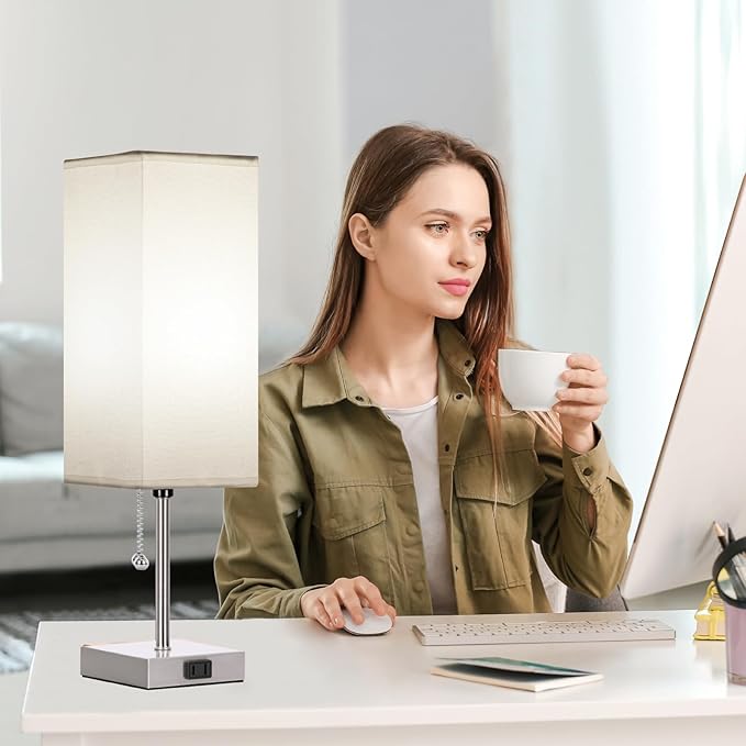 Table Lamp for Bedroom set of 2,3-Color Bedside Lamps with Pull Chain Table Lamps for Nightstand with AC Outlets,18'' Night Light Lamps with 2 Bulbs Lamps for Living Room Kids Office Decor（Nickel）