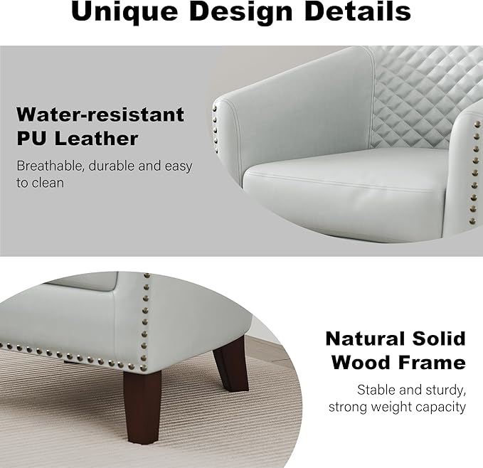 Accent Barrel Chair, Upholstered Faux Leather Club Chair with Nailed Trim, Comfy Reading Armchair for Living Room Bedroom Reception Room Office (White, Set of 2)