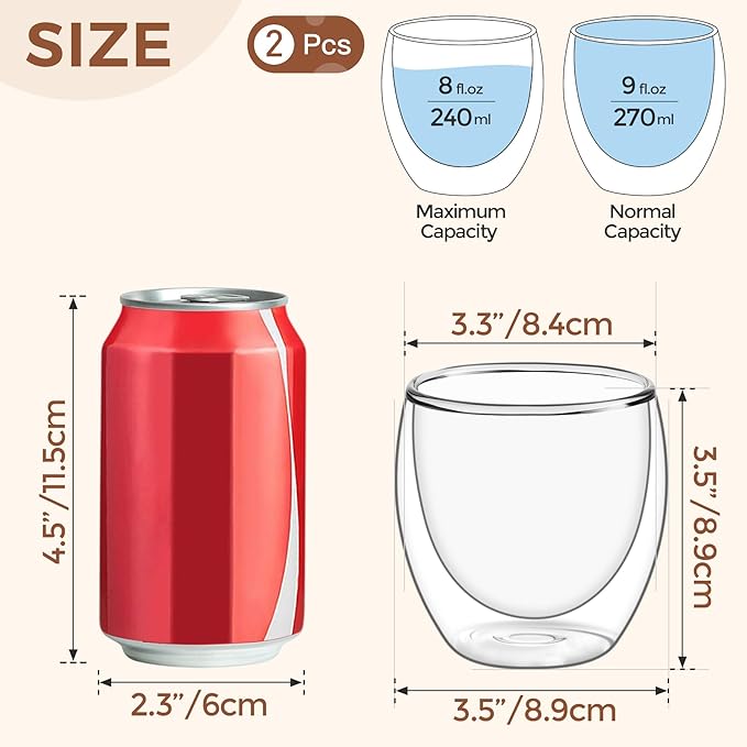 ComSaf Cappuccino Cup 8 oz, Glass Coffee Cups Set of 2, Double Walled Glass Coffee Mugs for Caramel Macchiato, Latte, Flat White, Lungo, Coffee Mug Set Gift for Christmas, Birthday