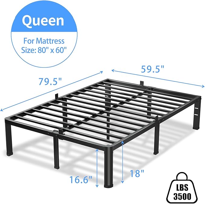 18 Inch Queen Bed Frame, 3500Lbs Heavy Duty Metal Platform with Round Corner Legs Mattress Slide Stopper, Steel Slat Support No Box Spring Needed, Noise Free, Non-Slip, Easy Assembly