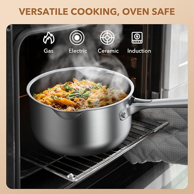 PekGema Stainless Steel Saucepan 3.5 Quart with Glass Strainer Lid, Thicken Tri-ply Full Sauce Pot, Two Side Spouts for Easy Pour, Dishwasher Safe, Induction Ready, Compatible with All Cooktops